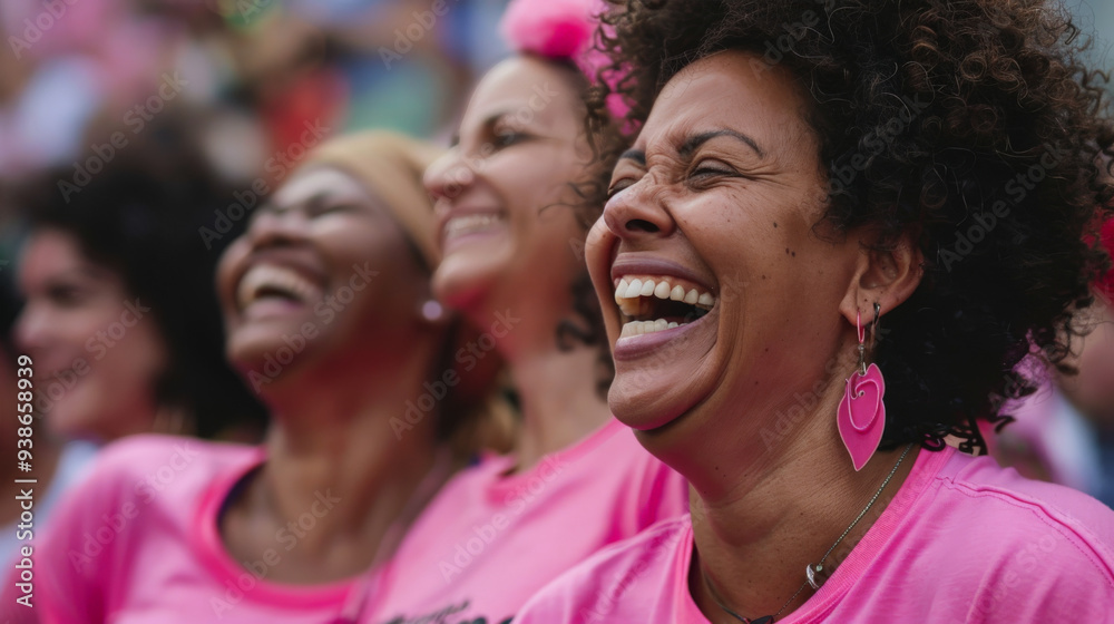 Obraz premium Women in Pink Shirts Laughing Together at Breast Cancer Awareness Event 
