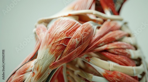 Detailed view of human muscles anatomy in upper body, showcasing intricate muscular structures and fibrous texture for medical or educational use.
