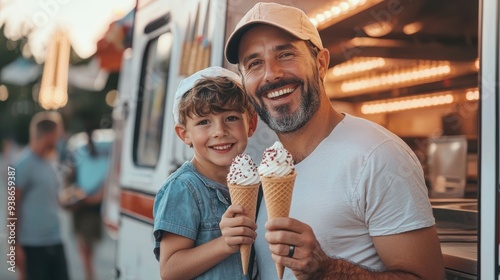 Happy father and son enjoying ice cream cones near a food truck on a sunny day. photo