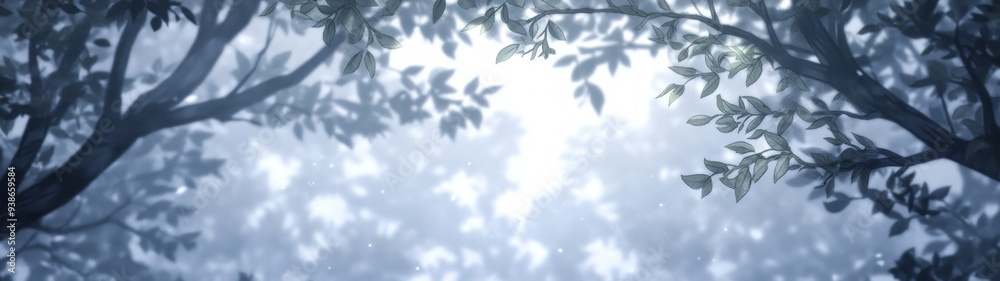 Obraz premium Misty Forest Canopy Textures, serene woodland ambiance with cool green and blue hues, perfect for creating calming backgrounds, ethereal and minimalist atmosphere, tranquil space