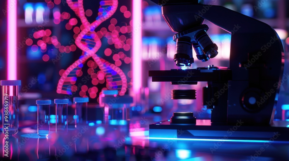 Fototapeta premium Modern laboratory with microscope and glowing DNA model, reflecting advancements in genetic research and biotechnology.