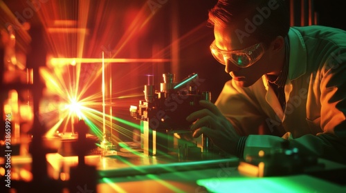 Scientist in lab coat and protective eyewear conducting laser experiment with green and orange light in high-tech laboratory.
