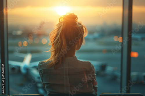 As morning sun cast a warm glow over bustling airport waiting lounge, business traveler gazed out from a wide-angle view, taking in vibrant energy of bustling terminal, anticipation of upcoming adven photo