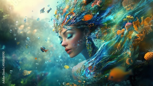 A mesmerizing 3D render of an underwater scene, featuring a woman with her entire body adorned in shimmering jewelry and iridescent tattoos that flow and swirl like water.