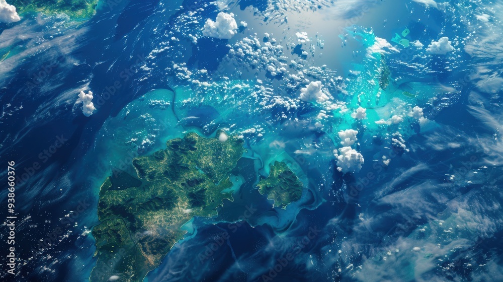 Fototapeta premium Stunning aerial view of Earth's vibrant landscape and crystal-clear waters from space, showcasing the planet's natural beauty and intricate formations.