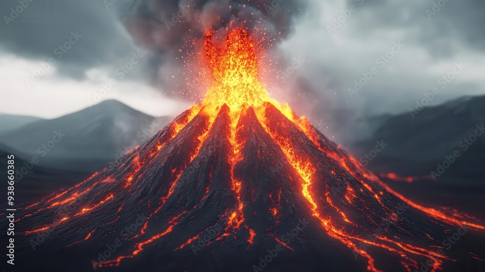 A 3D effect of an erupting volcano with lava and ash bursting out, 3D effect, volcano, nature A 3D effect of an erupting volcano with lava and ash bursting out, 3D effect, volcano, nature