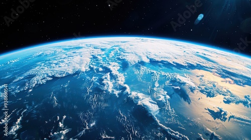 Stunning view of Earth from space showcasing the planet's curvature, atmosphere, and vibrant blue oceans under the vast expanse of space.