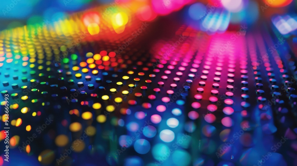 Fototapeta premium Vibrant colorful LED lights creating a mesmerizing abstract pattern of dots and bokeh effect, perfect for tech and digital backgrounds.