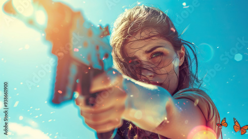 A woman holding a handgun points it skyward, surrounded by fluttering clouds, a butterfly, and a fish. Her face is serene, bathed in natural light. photo