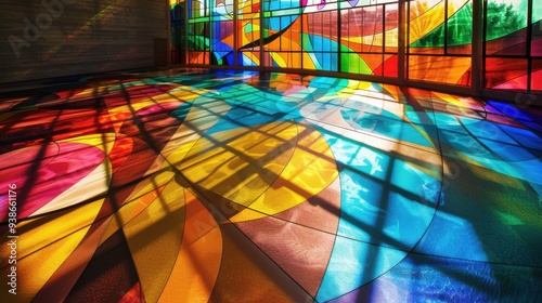 Vibrant stained glass windows casting colorful reflections on the floor in a bright and airy interior, creating a mesmerizing pattern of light.