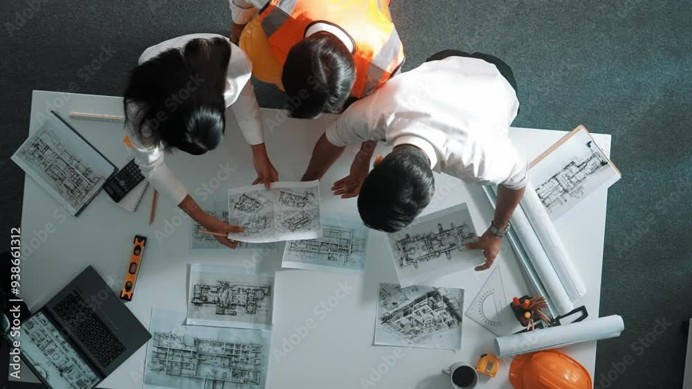 Engineering Place Top down view of smart architect engineer place document at meeting ...