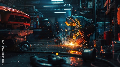 Welder working in a dimly lit garage with bright welding sparks flying, amidst tools and equipment, creating a dramatic industrial scene.