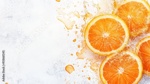 Fresh orange slices with splashes of juice on a light background, perfect for health, food, and beverage themes.