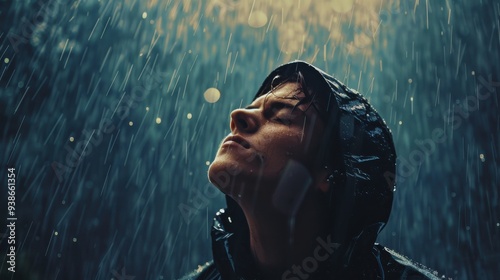Young person in the rain with eyes closed, wearing a hooded jacket, embracing nature and weather. Serene, contemplative moment captured outdoors.