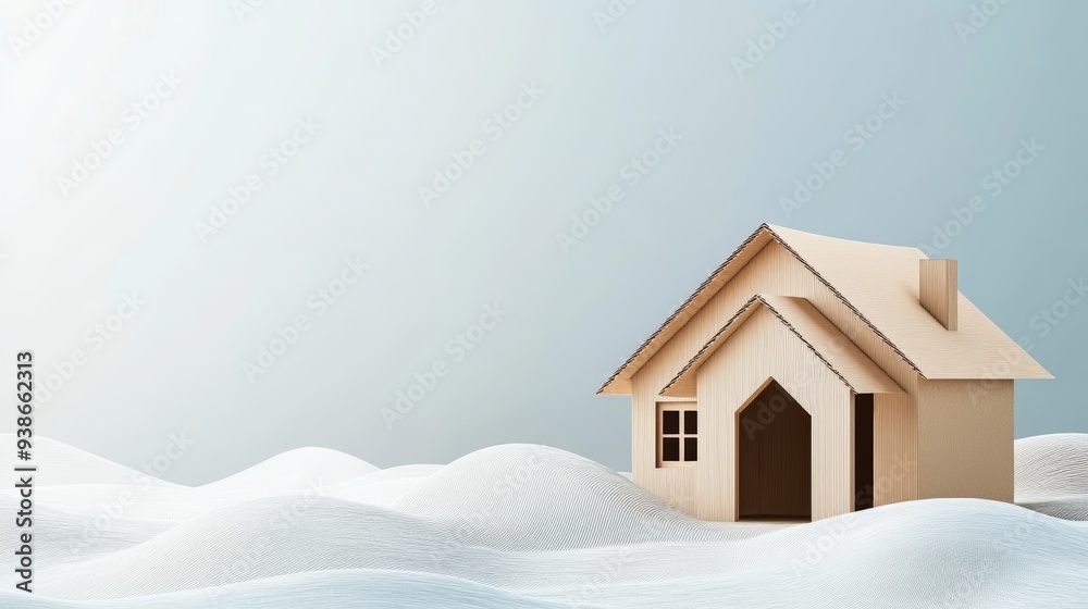 A serene wooden house model placed on soft white waves, showcasing minimalist design and tranquility in a calm atmosphere.