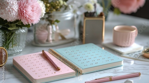 Pink and Blue Notebooks with Gold Accents on Marble Table