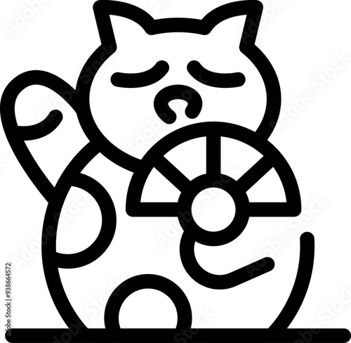 Japanese lucky cat holding a traditional uchiwa fan, simple minimal line art icon