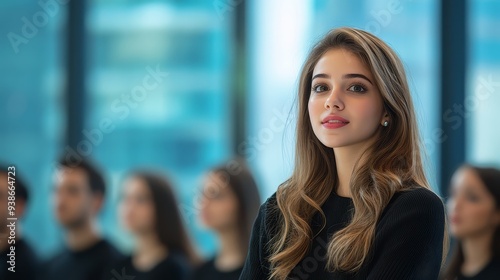 Young Woman in Black Blouse with Long Brown Hair Looking at Camera