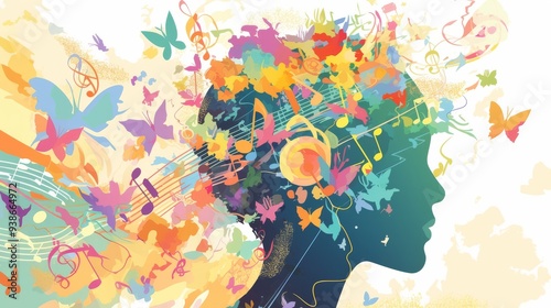 A creative illustration of a colorful head with music notes, brain waves, and butterflies floating around it on a white background