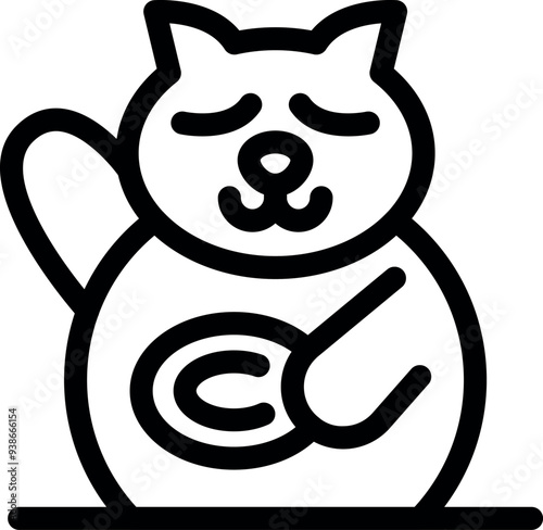 Japanese maneki neko cat holding a coin and waving its paw for good luck and fortune