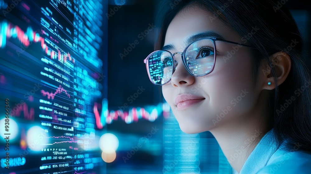 Businesswoman Looking at Stock Market Data on Screen Businesswoman Looking at Stock Market Data on Screen