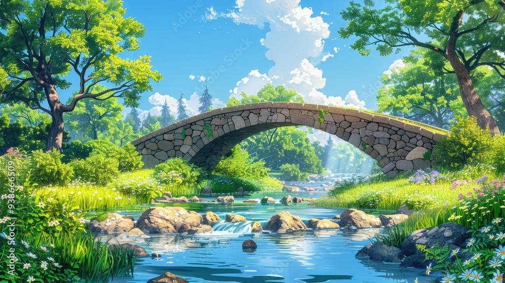 A serene landscape featuring an ancient stone bridge crossing a tranquil river, surrounded by lush green trees and wildflowers, under a clear blue sky. A serene landscape featuring an ancient stone bridge crossing a tranquil river, surrounded by lush green trees and wildflowers, under a clear blue sky.