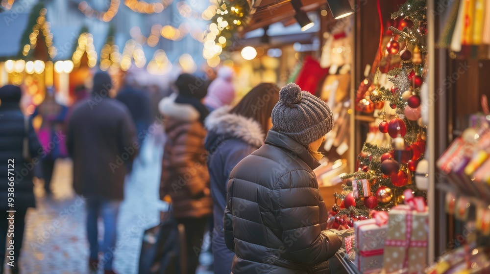 Shoppers browsing through festive displays in a bustling holiday market. Shoppers browsing through festive displays in a bustling holiday market.