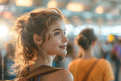 As sun began to rise on a beautiful summer morning, family gathered at airport, their excitement palpable as they eagerly awaited their flight, bustling terminal providing a vibrant and dynamic backd photo