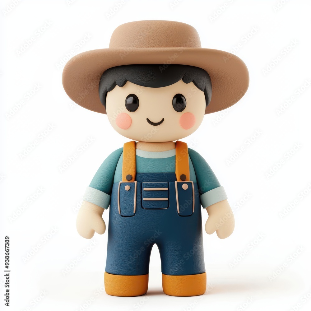 A cute farmer figure in overalls and a wide-brimmed hat, perfect for children's toys or farm-themed decor. A cute farmer figure in overalls and a wide-brimmed hat, perfect for children's toys or farm-themed decor.