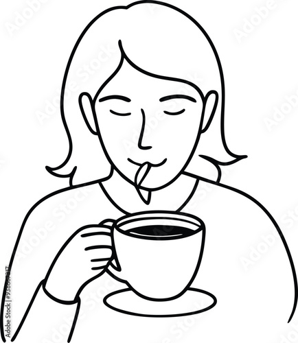 people eating coffe line art illustration black and white