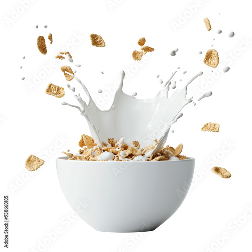 Splashing milk over a bowl of cereal with oats, capturing a dynamic and fresh breakfast scene