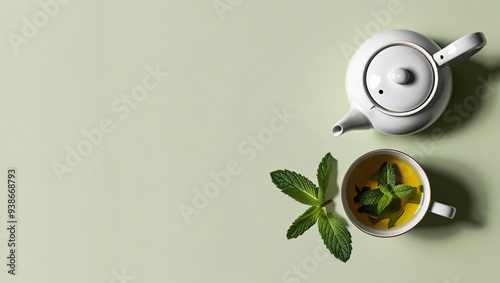 peppermint fresh tea,mint leaves on green background flat lay top view