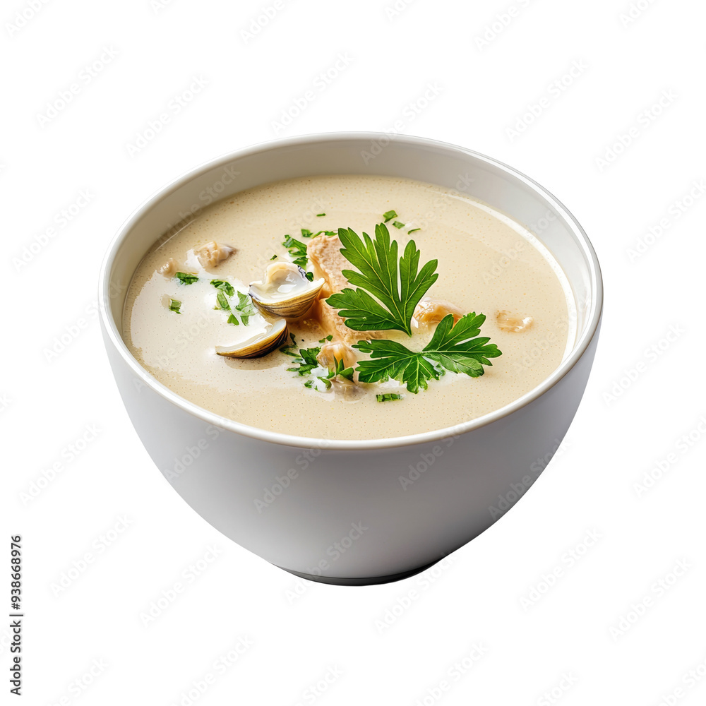 Delicious creamy soup with herbs served in a white bowl. Ideal for food and culinary themes Delicious creamy soup with herbs served in a white bowl. Ideal for food and culinary themes