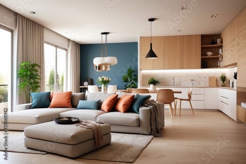 Pleasant studio apartment interior design, modern living room and kitchen
