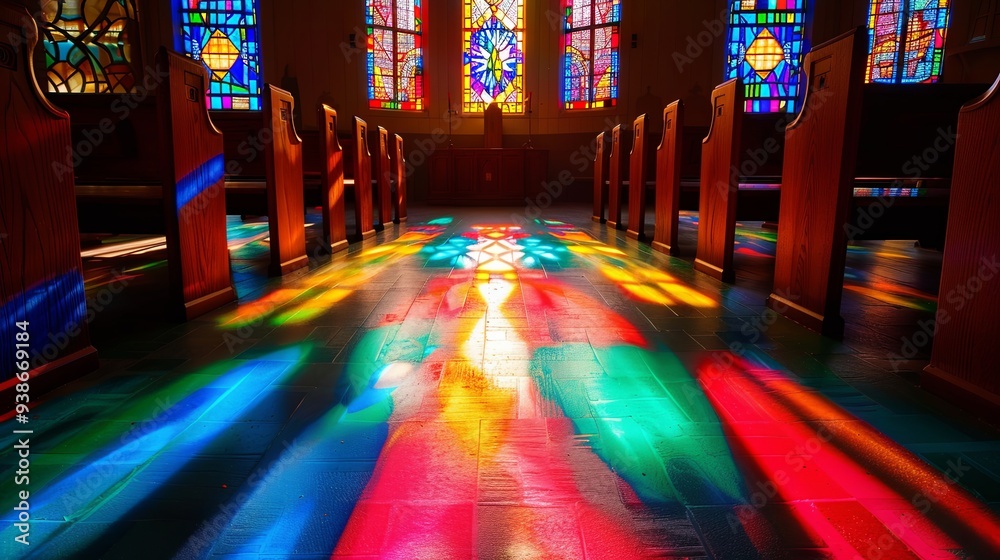 Obraz premium Serene Solitude: The Tranquil Beauty of an Uninhabited Chapel, Wooden Pews Bathed in Dappled Light from Stained Glass Windows, Reflecting a Peaceful Atmosphere
