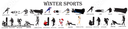 different winter sports collection full isolated silhouette and set