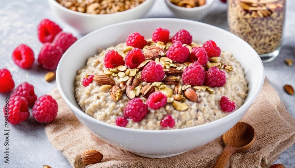 Deliciously nutritious breakfast bowl with raspberries and nuts Deliciously nutritious breakfast bowl with raspberries and nuts
