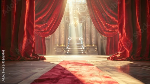 Serene Solitude: The Empty Theater's Red Velvet Curtains Illuminated by Sunlight, Stage Elegance and Tranquil Morning Aura. photo