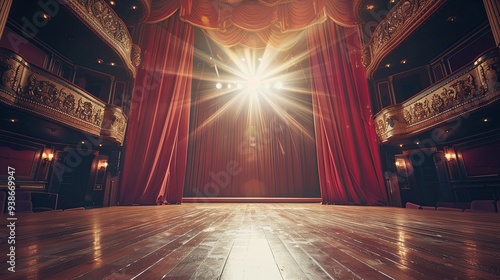 Serene Solitude: The Empty Theater's Red Velvet Curtains Illuminated by Sunlight, Stage Elegance and Tranquil Morning Aura. photo