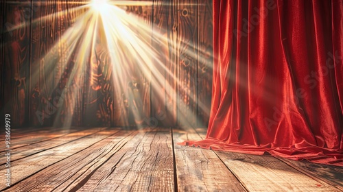 Serene Solitude: The Empty Theater's Red Velvet Curtains Illuminated by Sunlight, Stage Elegance and Tranquil Morning Aura. photo