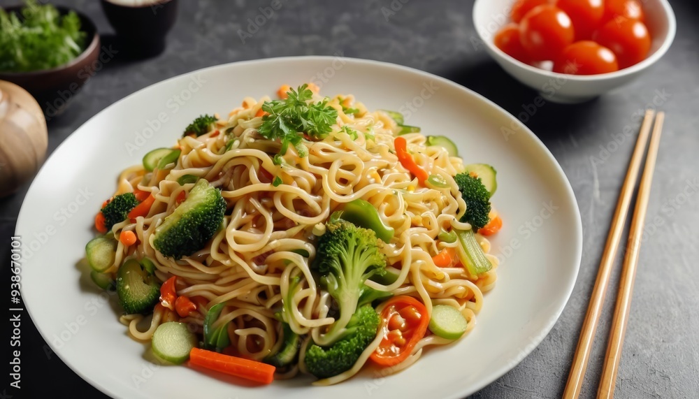 Delicious Asian noodle dish with fresh vegetables Delicious Asian noodle dish with fresh vegetables