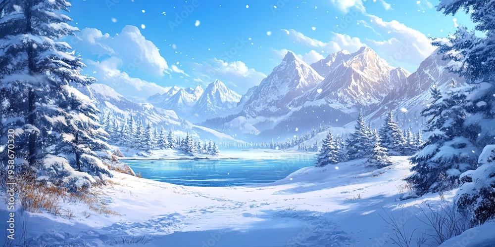 Obraz premium Enchanting anime-style winter wonderland featuring snow-capped mountains. Winter Marketing 2025, Seasonal Marketing, Fiction Story, Wallpaper, AI Generated