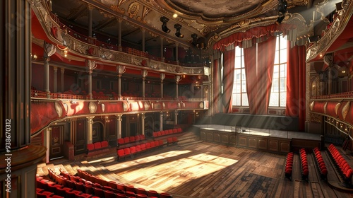 Serene Solitude: The Empty Theater's Red Velvet Curtains Illuminated by Sunlight, Stage Elegance and Tranquil Morning Aura. photo