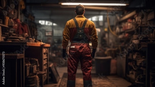 A Man In Work Clothes Standing In A Garage