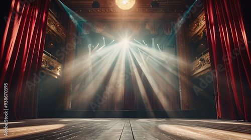 Serene Solitude: The Empty Theater's Red Velvet Curtains Illuminated by Sunlight, Stage Elegance and Tranquil Morning Aura. photo