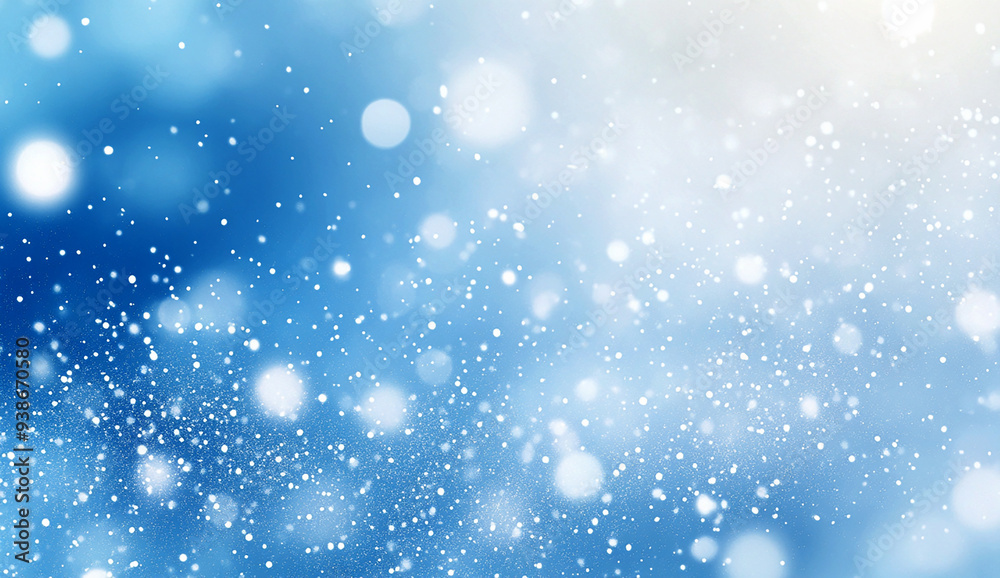 Light blue background with white bokeh lights, snowflakes falling, blurred background Light blue background with white bokeh lights, snowflakes falling, blurred background