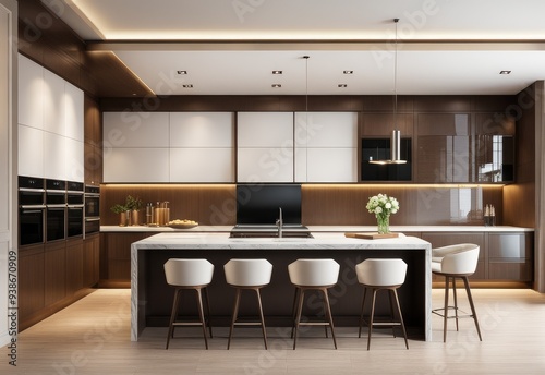 Residential interior of modern kitchen in luxury mansion, 3d rendering