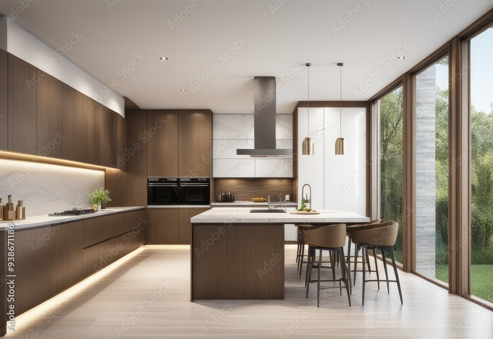 Fototapeta premium Residential interior of modern kitchen in luxury mansion, 3d rendering