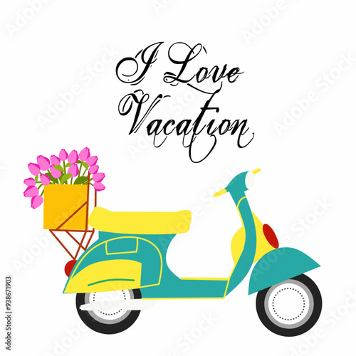 Vintage scooter banner  vector flat design. Scooter with typography I love vacation and flowers in a basket. isolated on white.