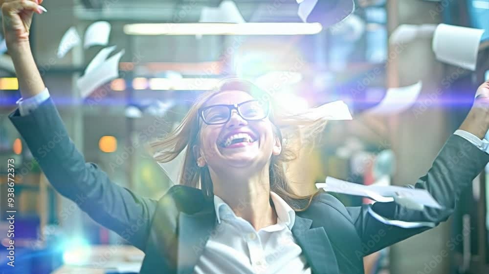 Breaking the Ceiling: Ecstatic businesswoman celebrates a major win, tossing papers in the air with radiant joy and professional success. 